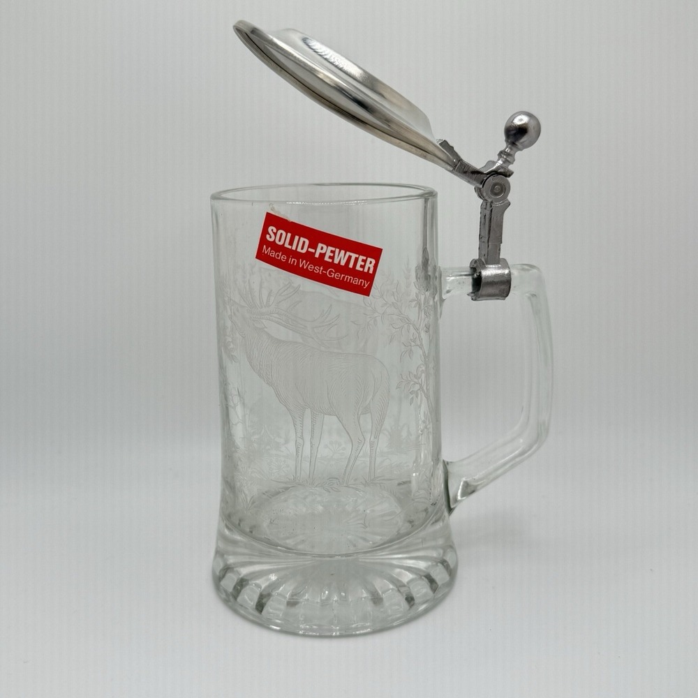 Vintage West German Pewter Etched Glass Lidded 6" Beer Stein Elk Deer Forest